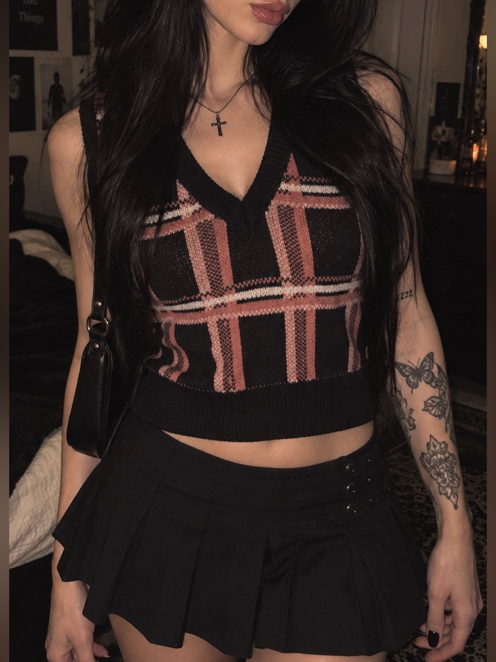 Dolls Plaid Essential Stylish Cozy Knit Crop Top - Black & Rose- Women’s